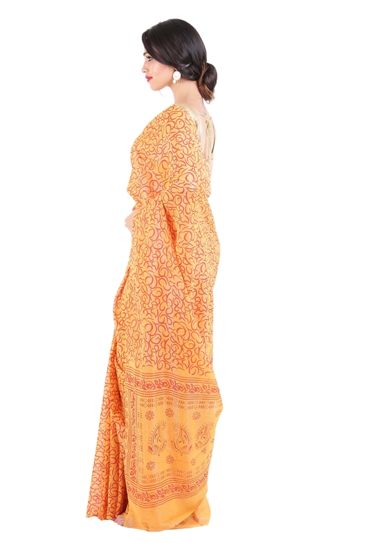 Picture of Yellow Color Printed Silk Saree with Orange Color Motif Designs