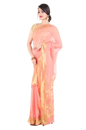 Picture of Light Orange Chiffon Shari beautifully Craved with Artistic Flower Designs