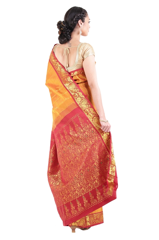 Picture of Yellow Colour Kanchipuram Silk Saree with Red Border in Zari Flower Motifs