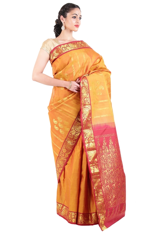 Picture of Yellow Colour Kanchipuram Silk Saree with Red Border in Zari Flower Motifs