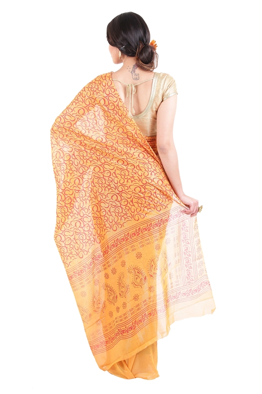 Picture of Yellow Color Printed Silk Saree with Orange Color Motif Designs