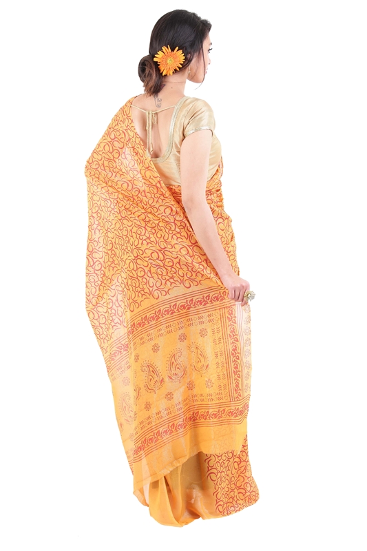 Picture of Yellow Color Printed Silk Saree with Orange Color Motif Designs