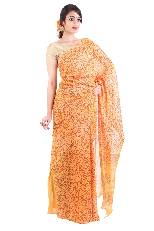 Picture of Yellow Color Printed Silk Saree with Orange Color Motif Designs