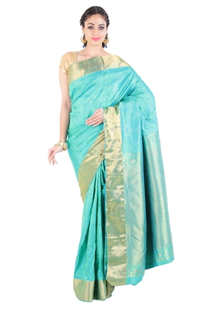 Picture of Ocean Blue Bridal Silk Shari Finely Designed with Wavy Motives