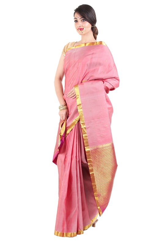 Picture of Orange Color/Colour Kanchipuram Silk Saree with Satin Zari Border