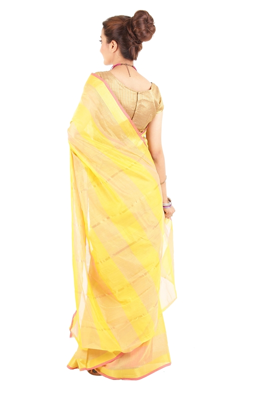 Picture of Lucent Yellow Pure Cotton Shari Designed with Striped Border