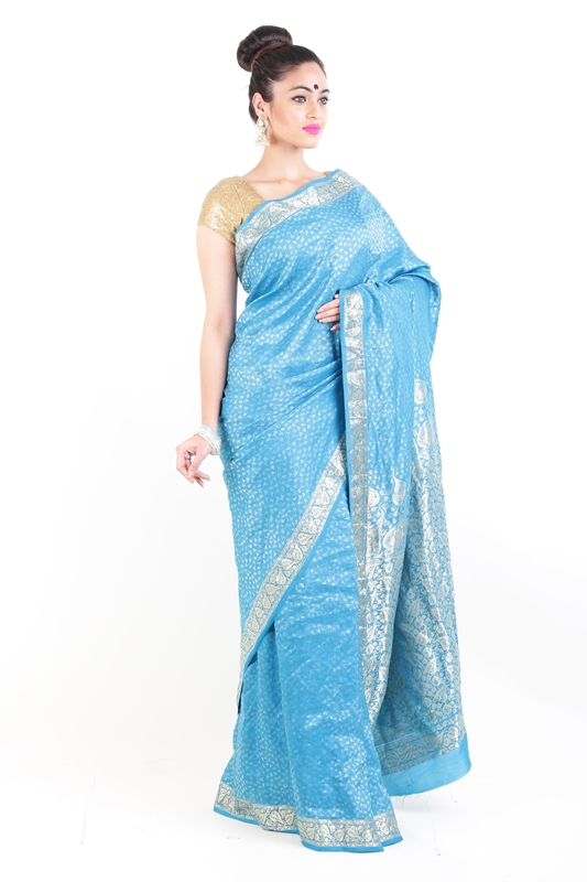 Picture of Sky Blue Banarasi Silk Saree with Silver Peepal Leaf Design Border