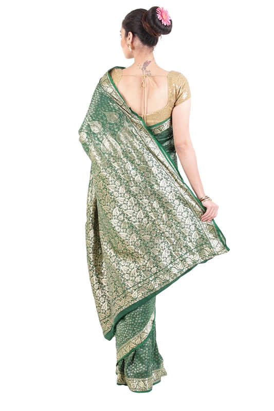 Picture of Dark Green Handwoven Banarasi Silk Saree with Peepal Leaf Silver Zari Design Border