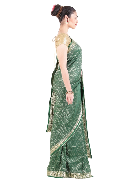 Picture of Dark Green Handwoven Banarasi Silk Saree with Peepal Leaf Silver Zari Design Border