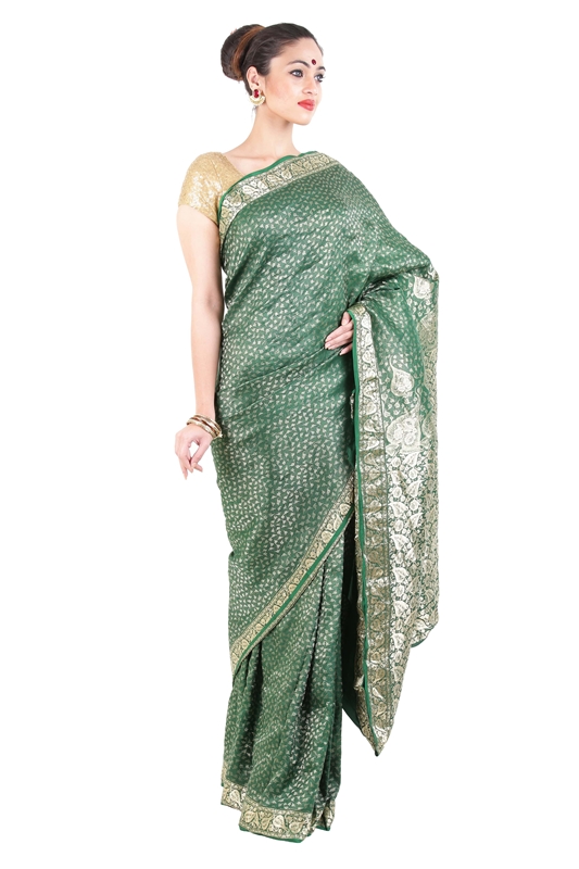 Picture of Dark Green Handwoven Banarasi Silk Saree with Peepal Leaf Silver Zari Design Border