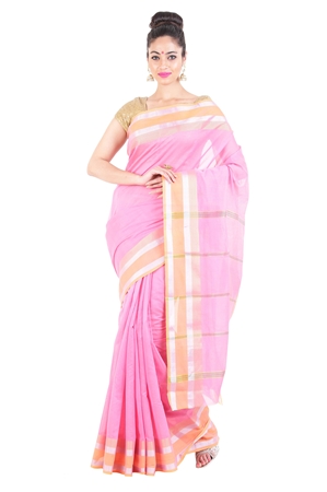 Picture of Light Pink Pure Cotton Shari Artistically Carved with Striped Zari Border