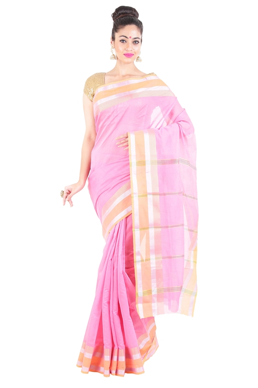 Picture of Light Pink Pure Cotton Shari Artistically Carved with Striped Zari Border