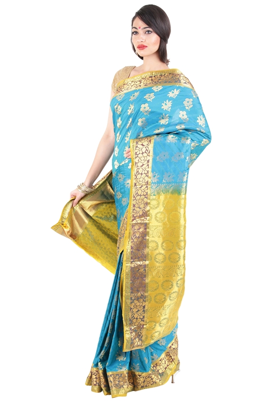 Picture of Turquoise Blue Color Kanchipuram Silk Saree with Lotus Motifs