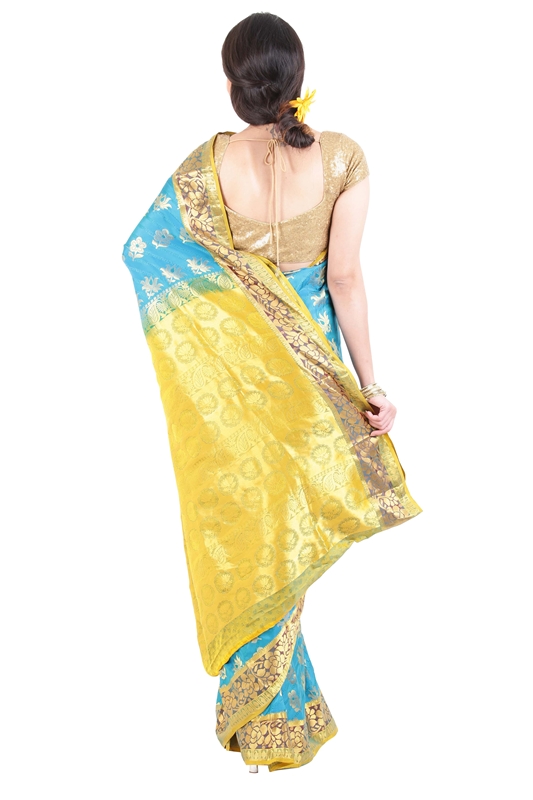 Picture of Turquoise Blue Color Kanchipuram Silk Saree with Lotus Motifs