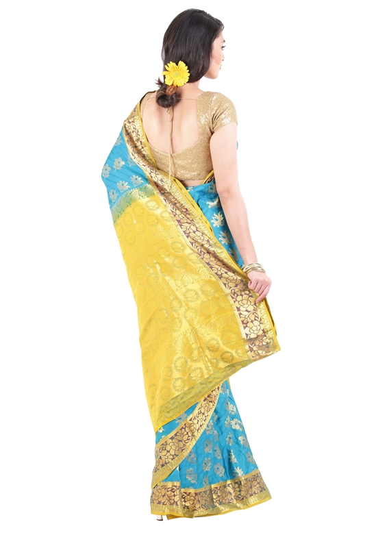 Picture of Turquoise Blue Color Kanchipuram Silk Saree with Lotus Motifs