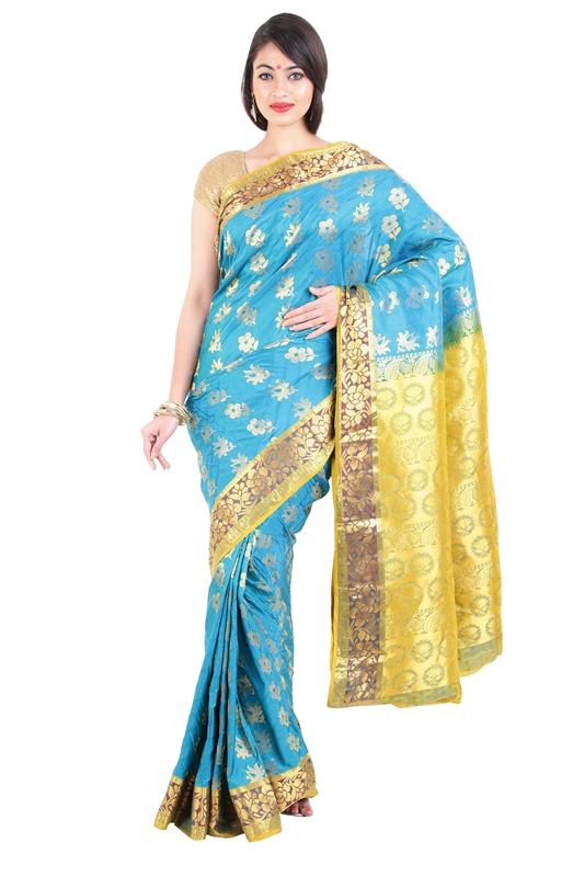 Picture of Turquoise Blue Color Kanchipuram Silk Saree with Lotus Motifs