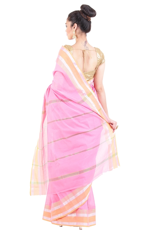 Picture of Light Pink Pure Cotton Shari Artistically Carved with Striped Zari Border