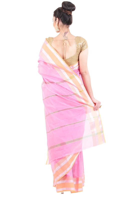 Picture of Light Pink Pure Cotton Shari Artistically Carved with Striped Zari Border