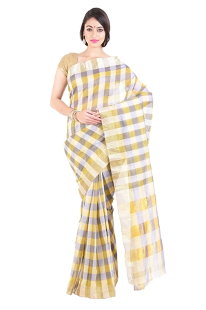 Picture of Lime Yellow & White Pure Cotton Shari Artistically Carved Checked Zari Border