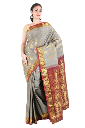 Picture of Grey Kanchipuram Silk Saree with Red Border Online