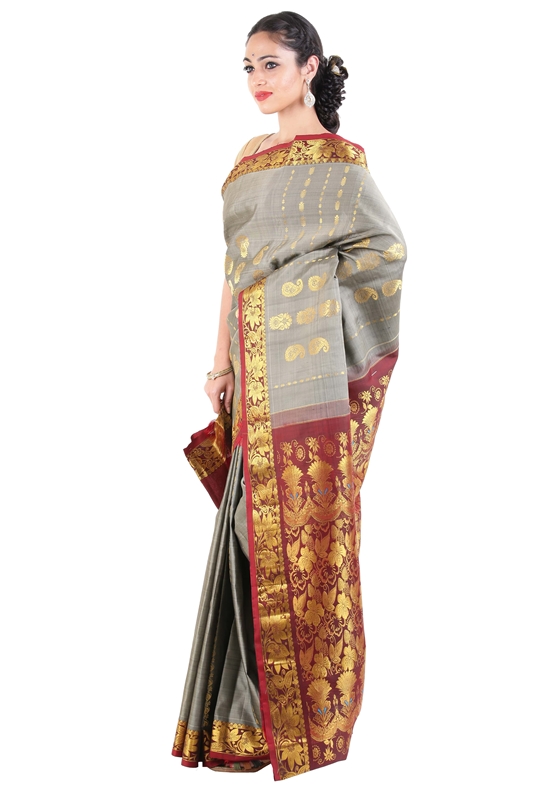 Picture of Grey Kanchipuram Silk Saree with Red Border Online