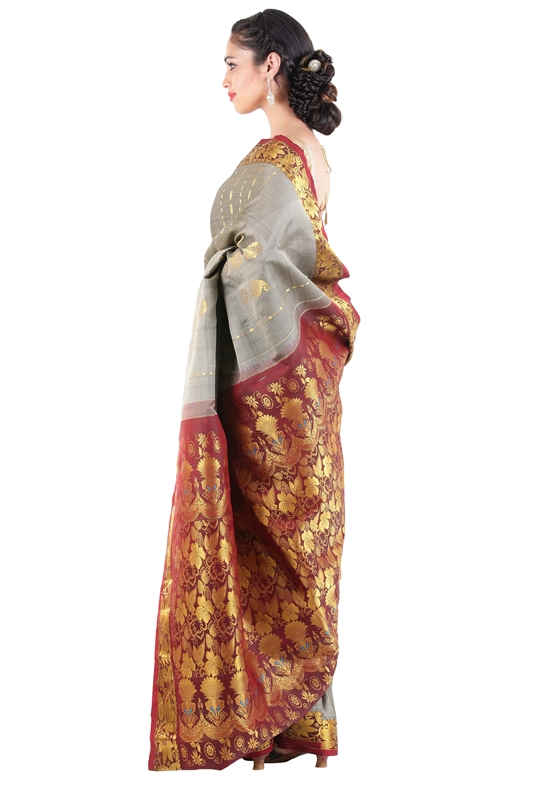 Picture of Grey Kanchipuram Silk Saree with Red Border Online