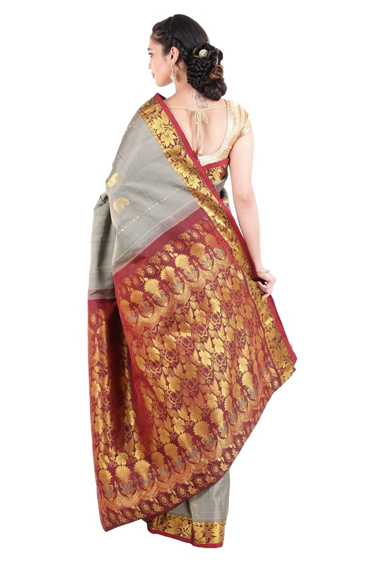 Picture of Grey Kanchipuram Silk Saree with Red Border Online