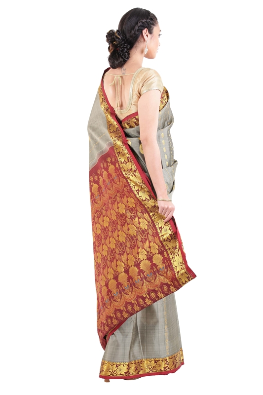 Picture of Grey Kanchipuram Silk Saree with Red Border Online