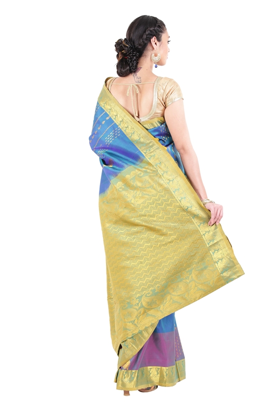 Picture of Multi Color Kanchipuram Silk Saree with  Mango Motifs & Golden Zari Border 