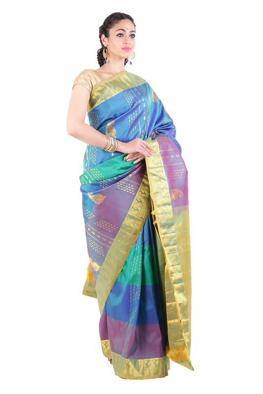 Picture of Multi Color Kanchipuram Silk Saree with  Mango Motifs & Golden Zari Border 