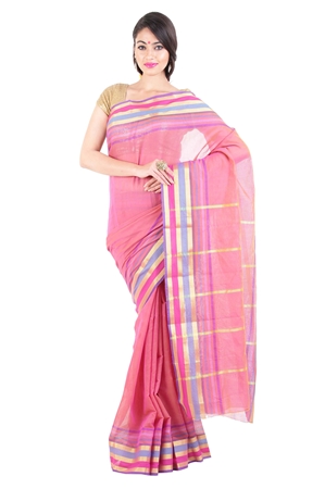 Picture of Peach Pink Pure Cotton Shari Artistically Carved with Multicoloured Zari Border