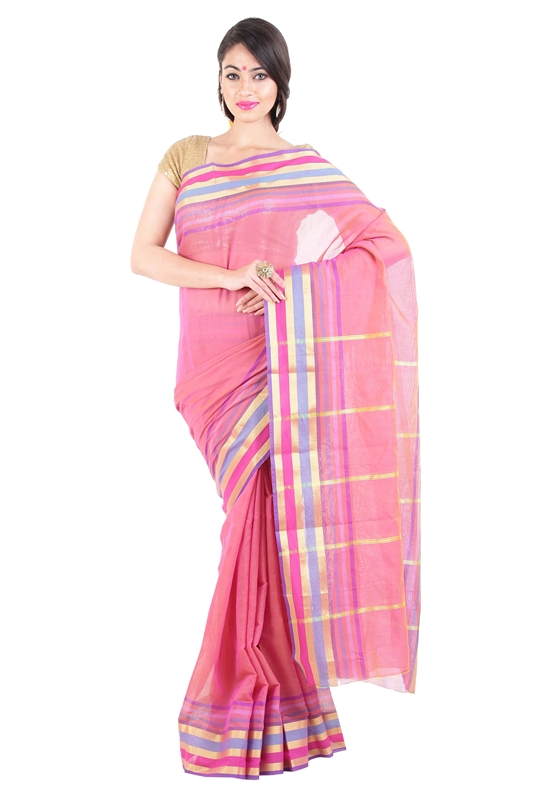 Picture of Peach Pink Pure Cotton Shari Artistically Carved with Multicoloured Zari Border