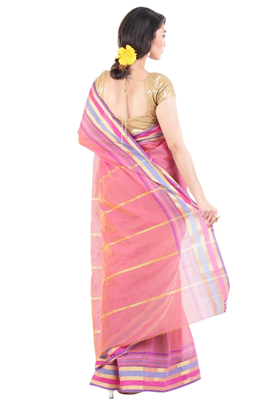 Picture of Peach Pink Pure Cotton Shari Artistically Carved with Multicoloured Zari Border