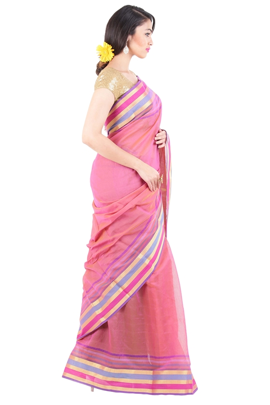 Picture of Peach Pink Pure Cotton Shari Artistically Carved with Multicoloured Zari Border