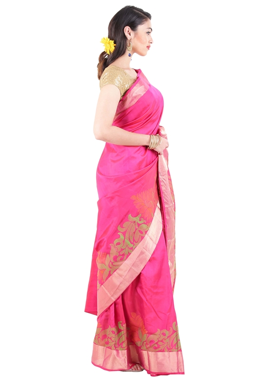 Picture of Rani Pink Colour Uppada Silk Saree with Floral Print Design Border