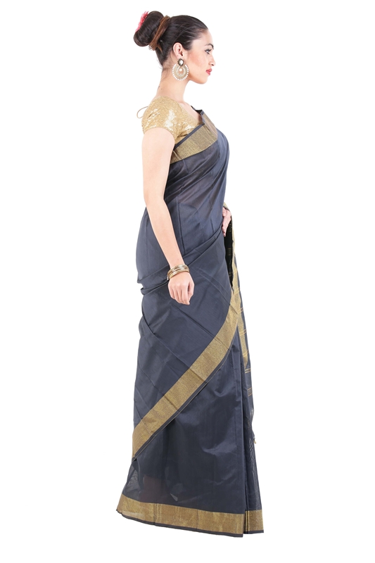 Picture of Lusty Black Pure Cotton Shari Finely Crafted with Striped Zari Border