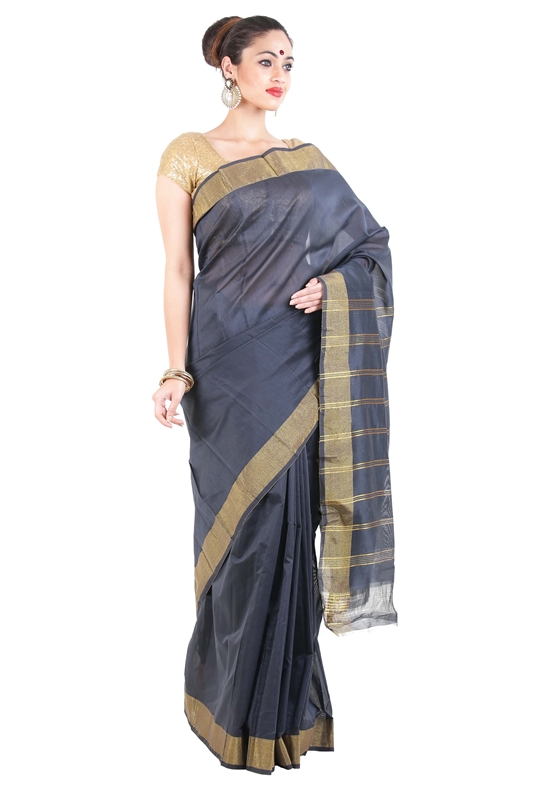 Picture of Lusty Black Pure Cotton Shari Finely Crafted with Striped Zari Border