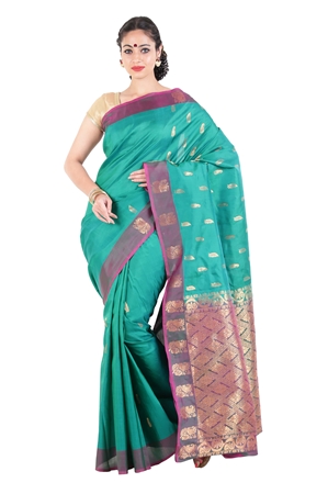 Picture of Peacock Green Mysore Silk Saree with Mango Motifs & Artistic Design