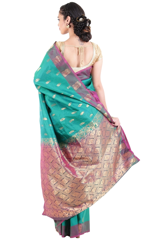 Picture of Peacock Green Mysore Silk Saree with Mango Motifs & Artistic Design