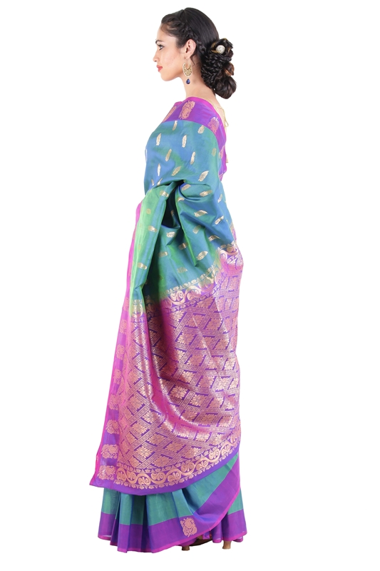 Picture of Shaded Green & Orchid Uppada Silk Shari Carved with Artistic Flowery Designs