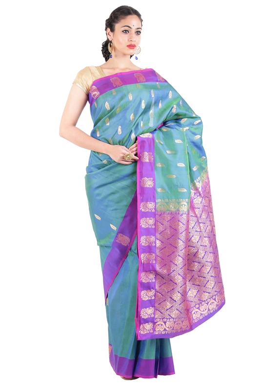 Picture of Shaded Green & Orchid Uppada Silk Shari Carved with Artistic Flowery Designs