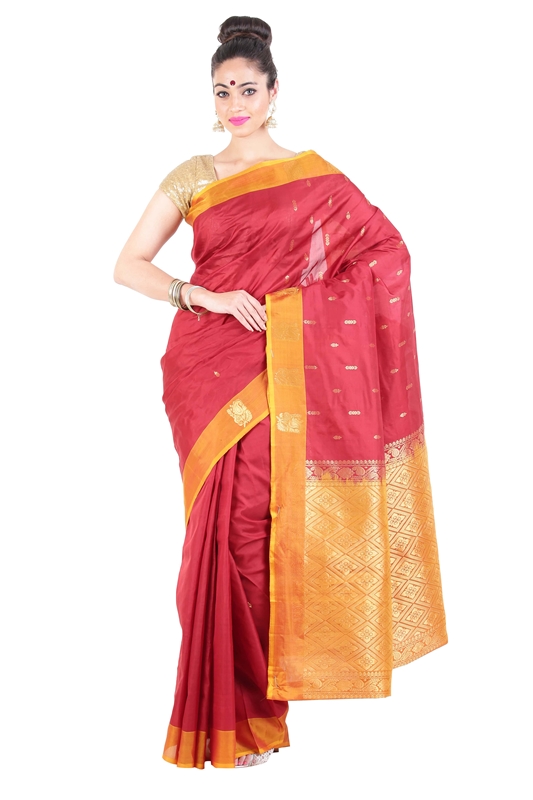 Picture of Flame Red & Yellow Dupion Silk Saree Crafted with Dotted Design Zari Border