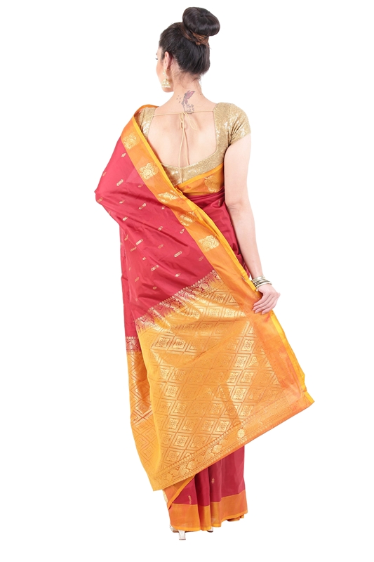 Picture of Flame Red & Yellow Dupion Silk Saree Crafted with Dotted Design Zari Border