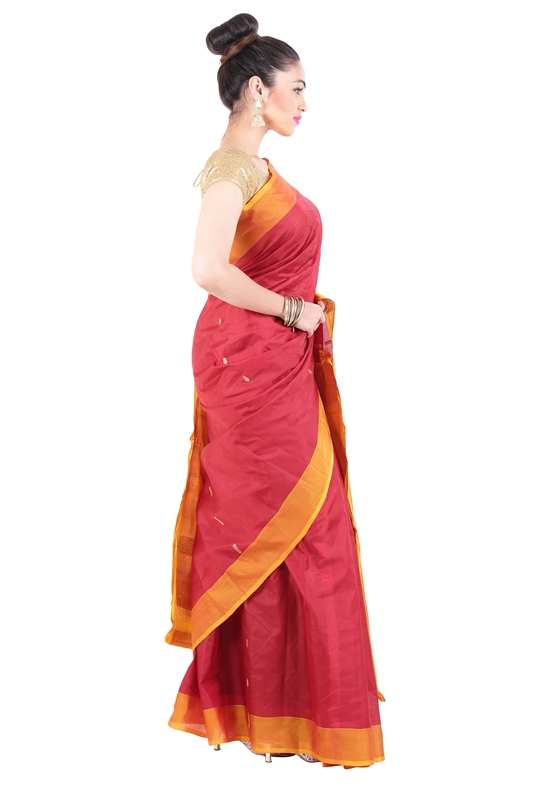 Picture of Flame Red & Yellow Dupion Silk Saree Crafted with Dotted Design Zari Border