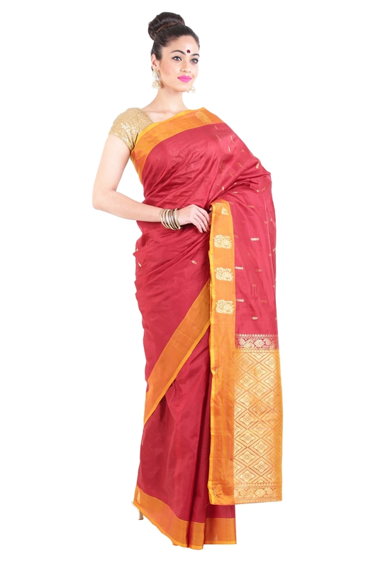 Picture of Flame Red & Yellow Dupion Silk Saree Crafted with Dotted Design Zari Border