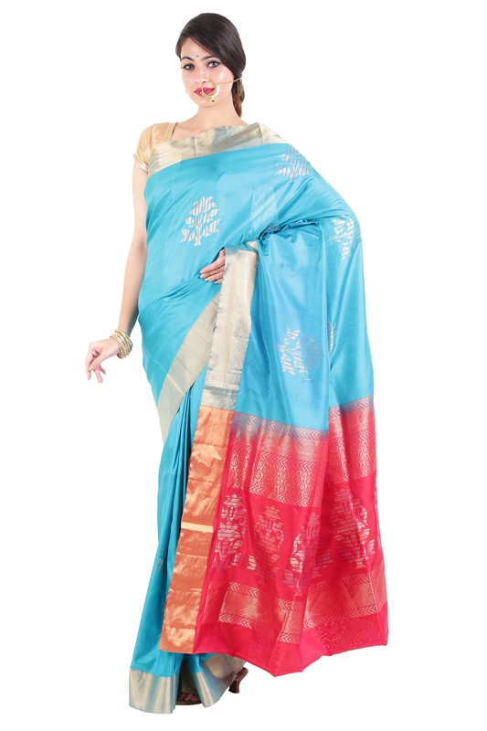 Picture of Sky Blue Uppada Silk Saree with Red Color Border in Bloomed Flowers Design 