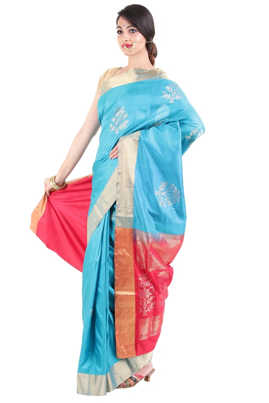 Picture of Sky Blue Uppada Silk Saree with Red Color Border in Bloomed Flowers Design 