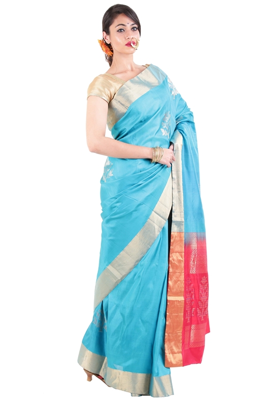 Picture of Sky Blue Uppada Silk Saree with Red Color Border in Bloomed Flowers Design 