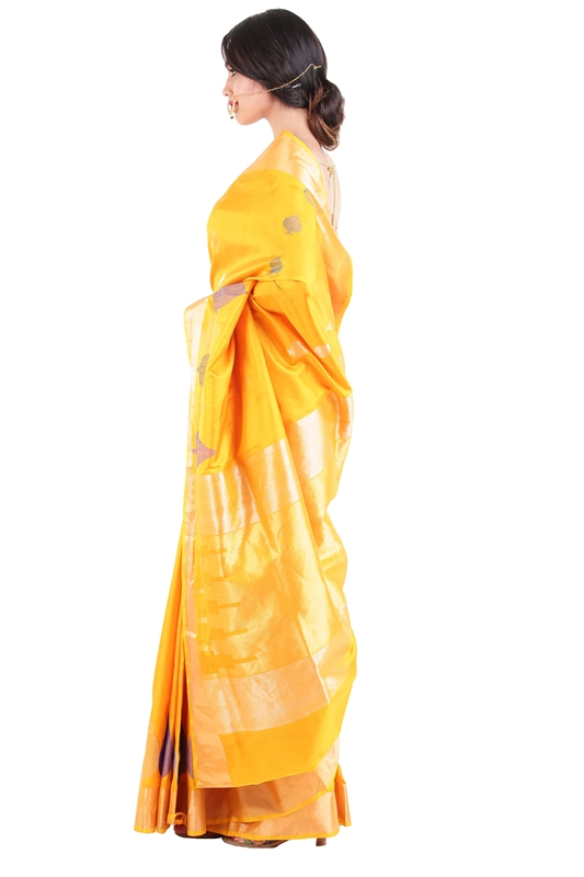 Picture of Shiny Yellow Colour Uppada Silk Saree with Leaf Art Design Work