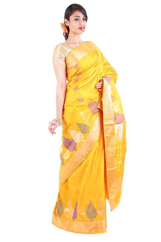 Picture of Shiny Yellow Colour Uppada Silk Saree with Leaf Art Design Work